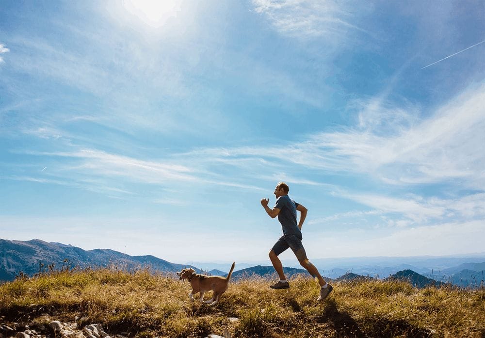 man runs with his beagle dog on mountain top 2
