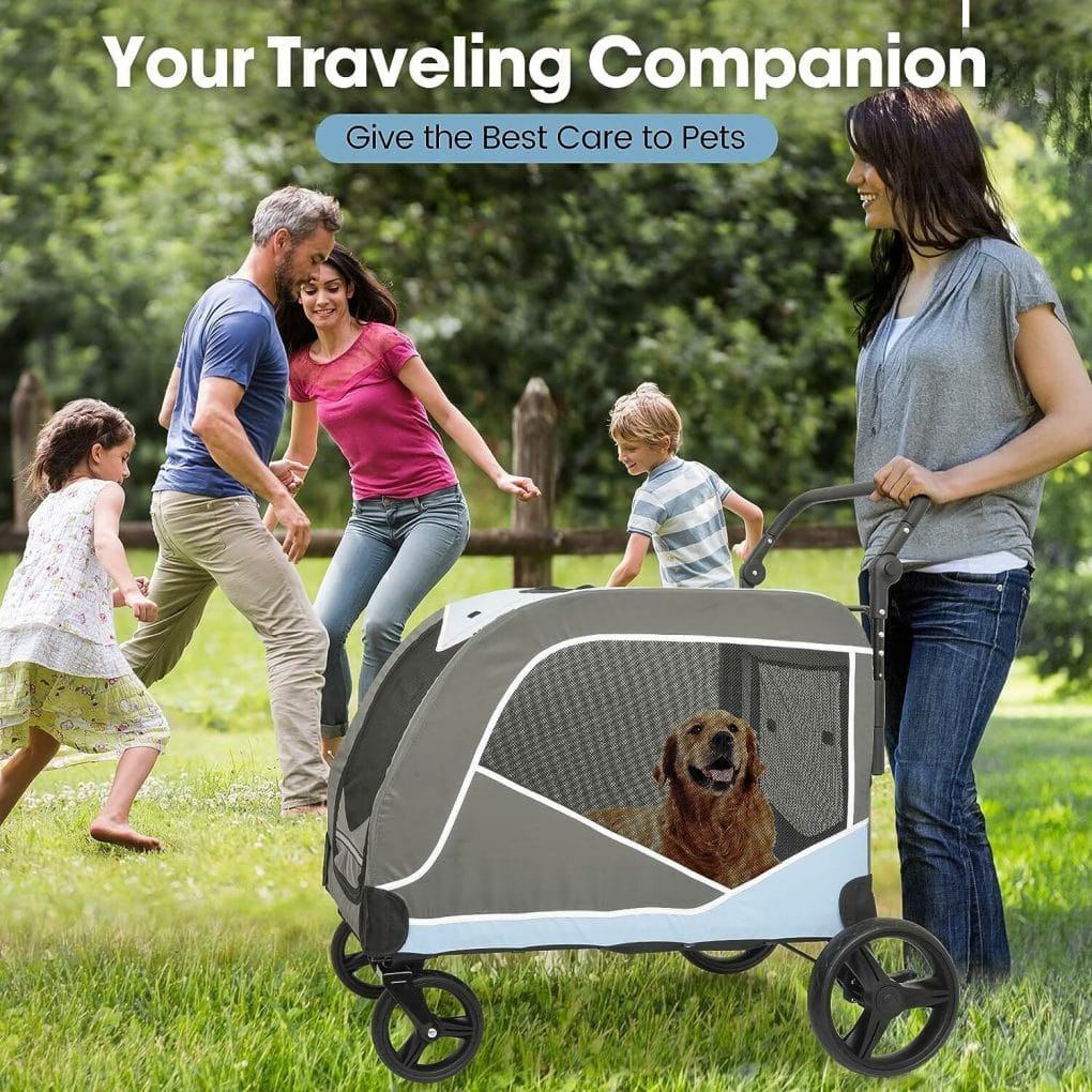 [2023 HOT] Dog Stroller for Large Dogs, Extra Large Pet Stroller for Medium Dogs, Carbon Steel Dog Stroller for 2 Dogs, Foldable Dog Wagon with Adjustable Handle, Up to 150 lbs (Grey)