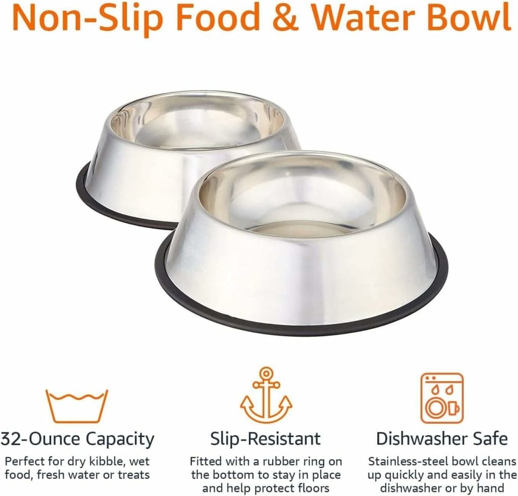 Amazon Basics Stainless Steel Non-Skid Pet Dog Water And Food Bowl, 2-Pack (11 x 3 Inches), Each Holds Up to 3.5 Cups
