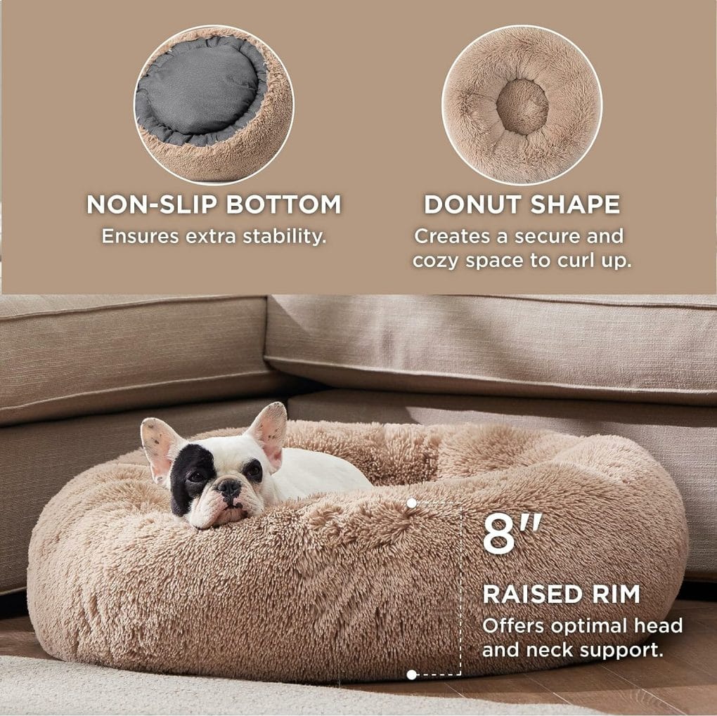 Bedsure Calming Pet Bed for Medium Dogs - Donut Washable 30 inches Anti Anxiety Round Fluffy Plush Faux Fur Cat Bed, Fits up to 45 lbs Pets, Camel
