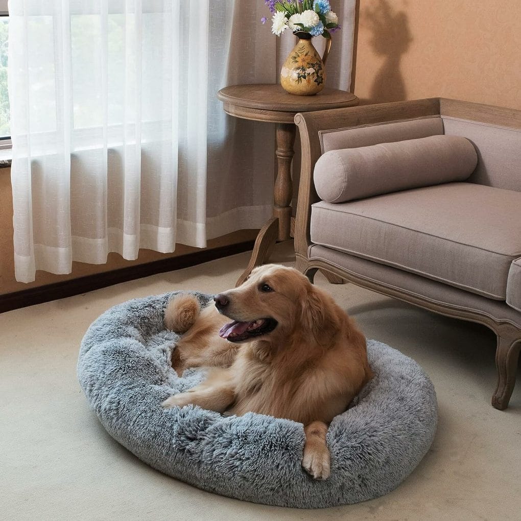 Coohom Oval Calming Donut Cuddler Dog Bed,Shag Faux Fur Cat Bed Washable Round Pillow Pet Bed(30/36/43) for Small Medium Dogs (XL(36x27x7), Grey)