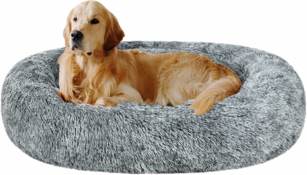 Coohom Oval Calming Donut Cuddler Dog Bed,Shag Faux Fur Cat Bed Washable Round Pillow Pet Bed(30/36/43) for Small Medium Dogs (XL(36x27x7), Grey)
