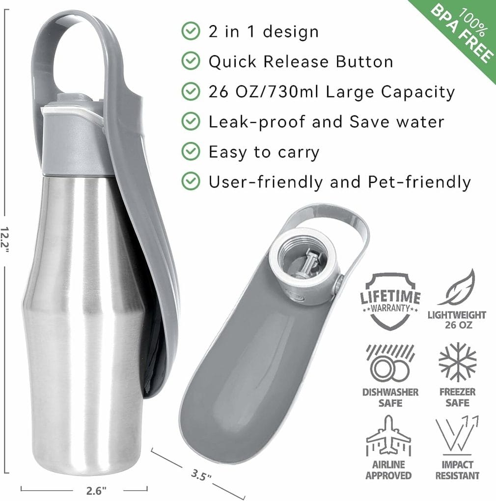 Dog Water Bottle, Portable Dog Water Bottle Dispenser - 27 OZ Stainless Steel Leak-Proof Water Bottle for Dogs On The Go, Perfect for Travel, Walking, Hiking and Outdoor Activities (Gray)
