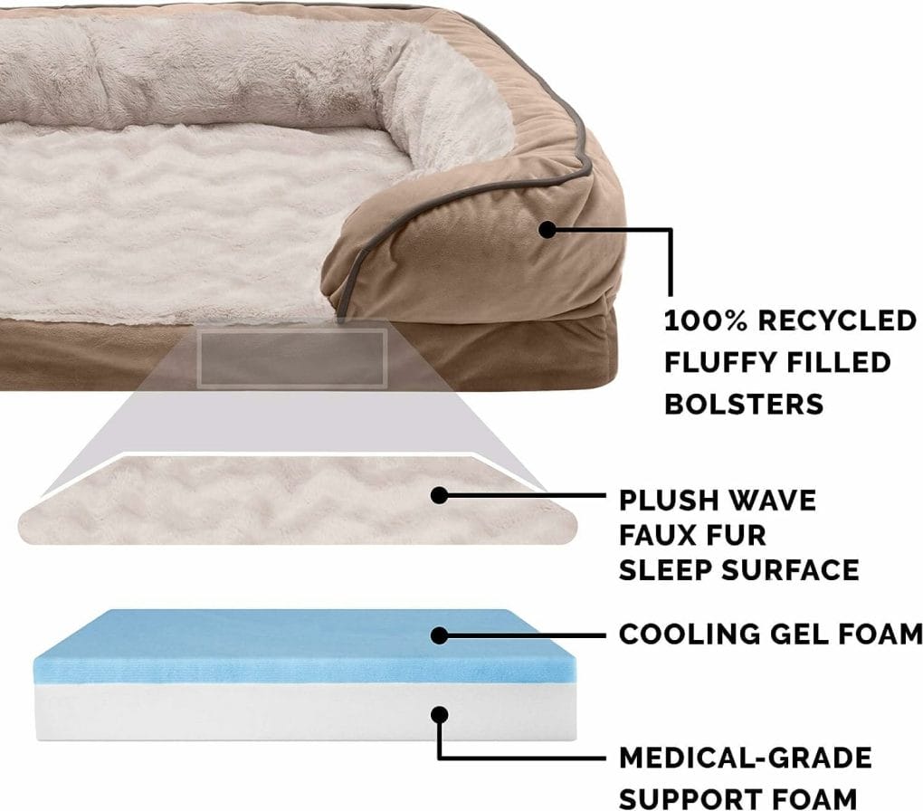 Furhaven Cooling Gel Dog Bed for Large Dogs w/ Removable Bolsters  Washable Cover, For Dogs Up to 95 lbs - Plush  Velvet Waves Perfect Comfort Sofa - Brownstone, Jumbo/XL