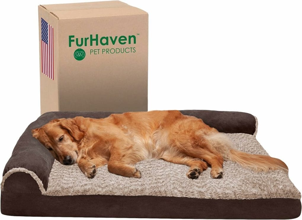 Furhaven Orthopedic Dog Bed for Large Dogs w/ Removable Bolsters  Washable Cover, For Dogs Up to 95 lbs - Two-Tone Plush Faux Fur  Suede L Shaped Chaise - Espresso, Jumbo/XL
