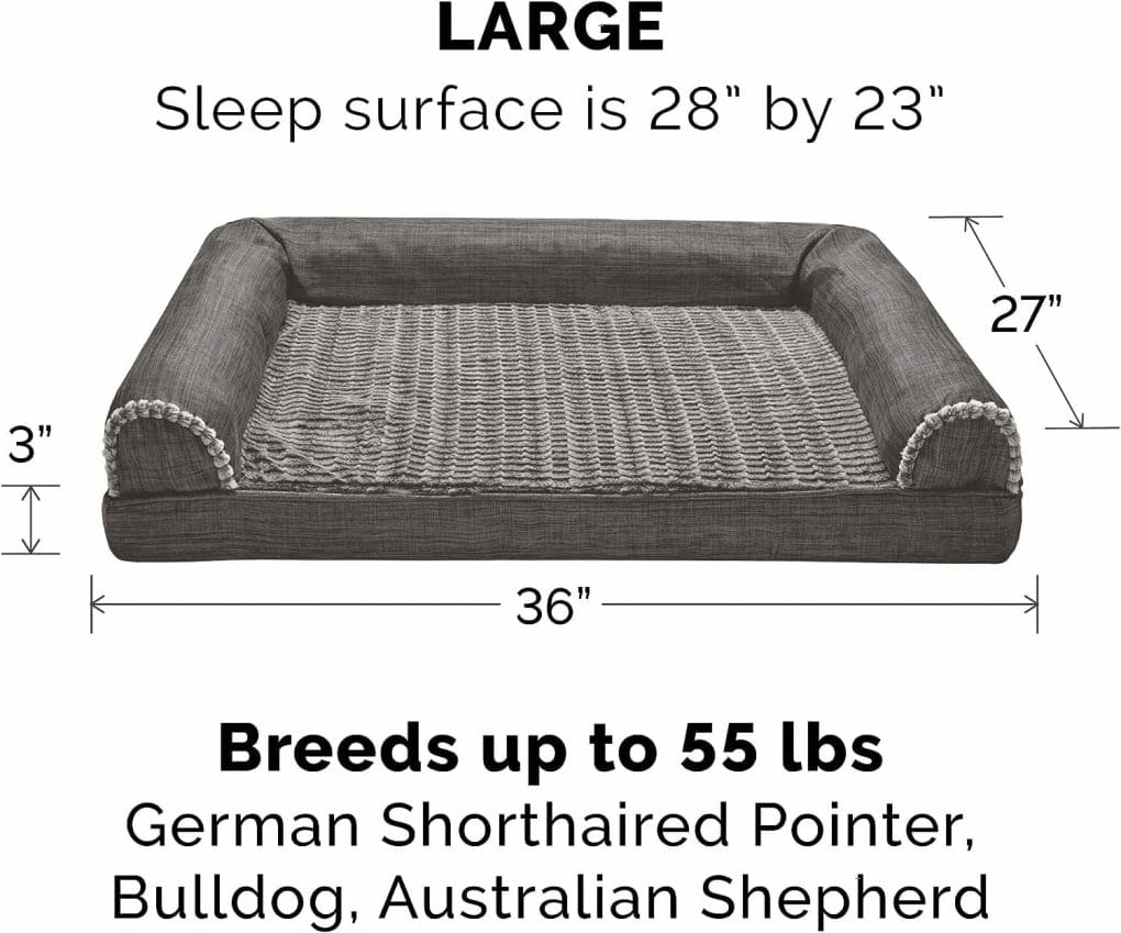 Furhaven Orthopedic Dog Bed for Large/Medium Dogs w/ Removable Bolsters  Washable Cover, For Dogs Up to 55 lbs - Luxe Faux Fur  Performance Linen Sofa - Charcoal, Large