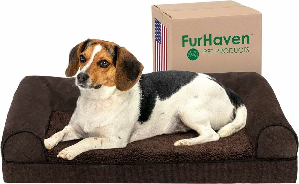 Furhaven Orthopedic Dog Bed for Medium/Small Dogs w/ Removable Bolsters  Washable Cover, For Dogs Up to 35 lbs - Sherpa  Chenille Sofa - Coffee, Medium