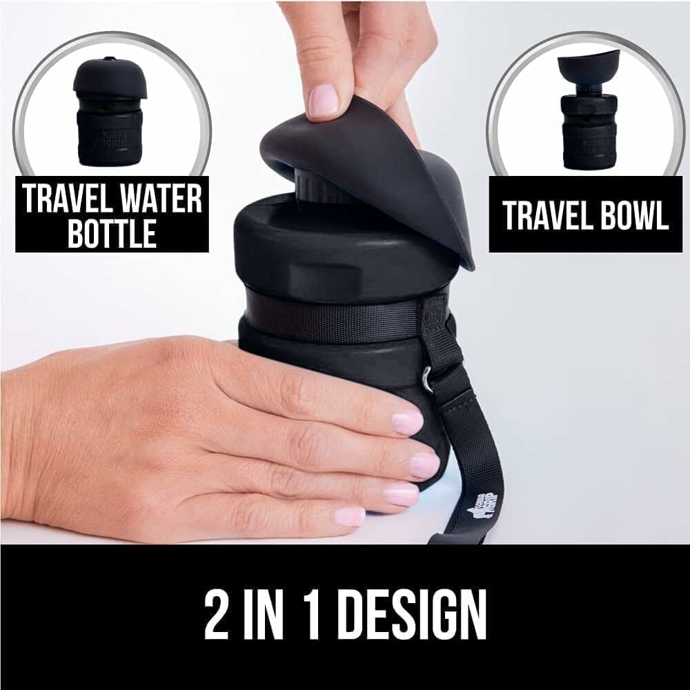 Gorilla Grip Leak Proof Portable Dog Water Bottle, 20oz, Multifunction Design with Bowl Cap, Food Grade Silicone, Dogs Drink Dispenser, for Puppy Walks, Traveling, Hiking, Keep Pets Hydrated, Black