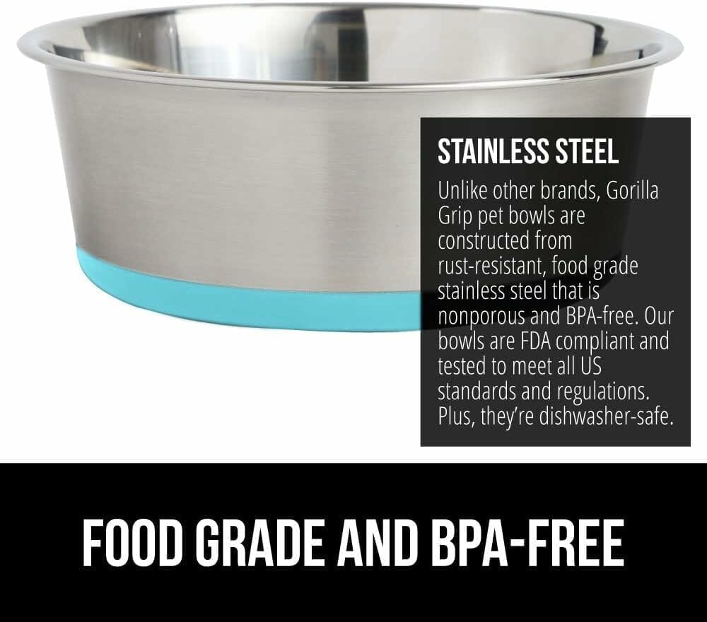 Gorilla Grip Stainless Steel Metal Dog Bowl Set of 2, Rubber Base, Heavy Duty, Rust Resistant, Food Grade BPA Free, Less Sliding, Quiet Pet Bowls for Cats and Dogs, Dry and Wet Foods 2 Cups, Turquoise