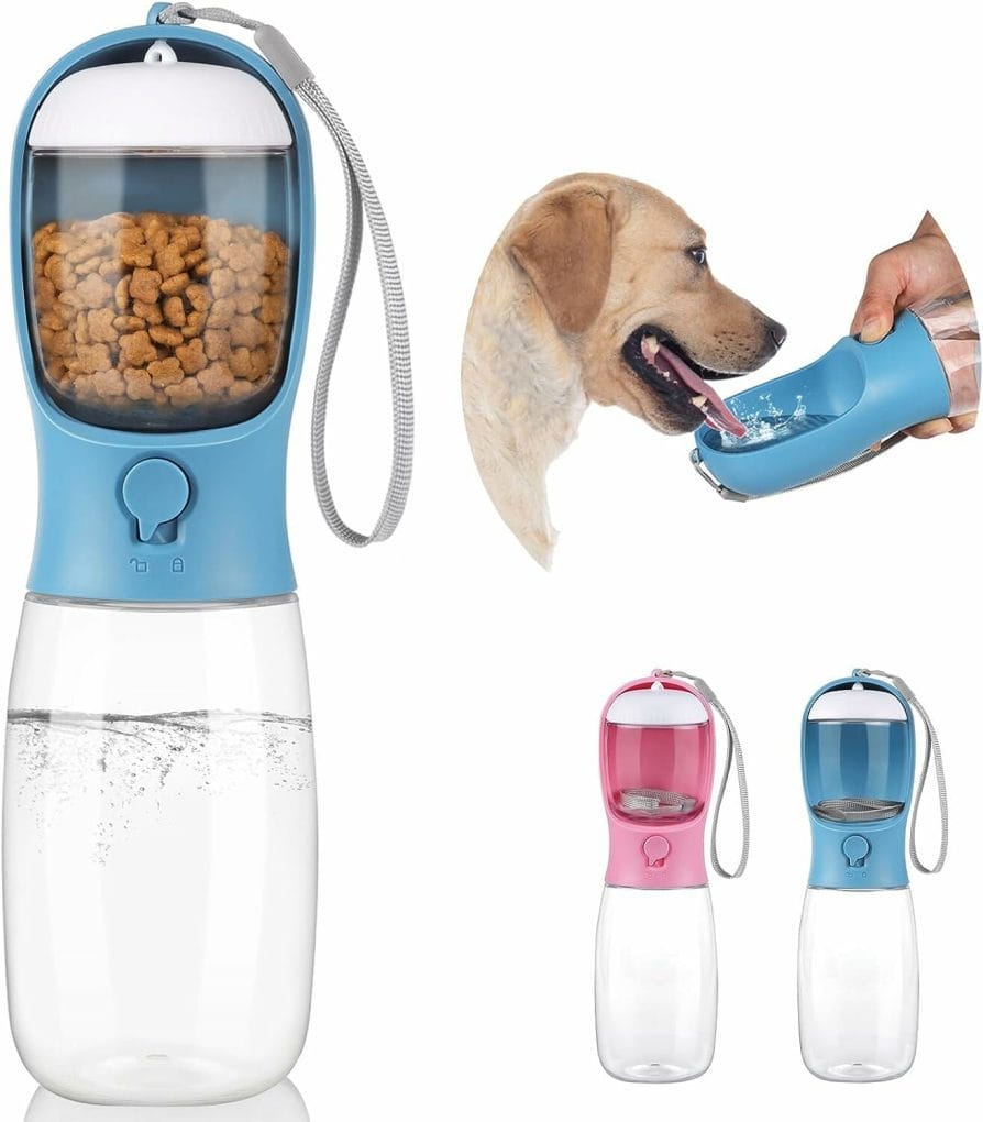 Kytely Dog Water Bottle, Portable Pet Water Bottle with Food Container,Leak Proof Puppy Water Dispenser with Drinking Feeder for Cat,Pets Outdoor Walking,Hiking,Puppy Essentials,Dog Stuff (19oz Blue)