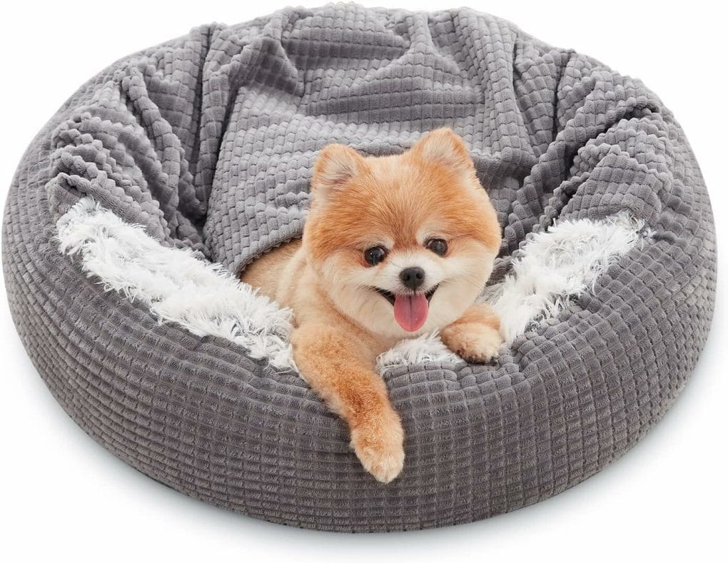 MIXJOY Small Dog Bed with Blanket Attached, Round Calming Hooded Cozy Cave Dog Beds for Small Dogs, Soft Plush Cuddler Puppy Pet Bed and Dog Burrow Cave Bed, Anti-Slip Bottom, 23inch