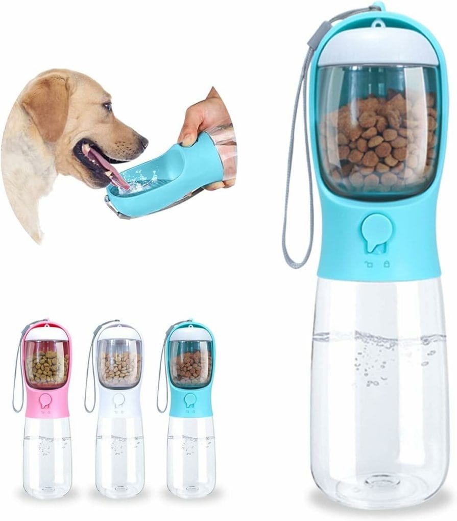 Paoakaola Dog Water Bottle 2 in 1, Leak Proof Portable Pet Water Bottle with Food Container, Outdoor Portable Water Dispenser for Cat, Rabbit, Puppy for Walking, Hiking, Camping, Travel(19oz Blue)