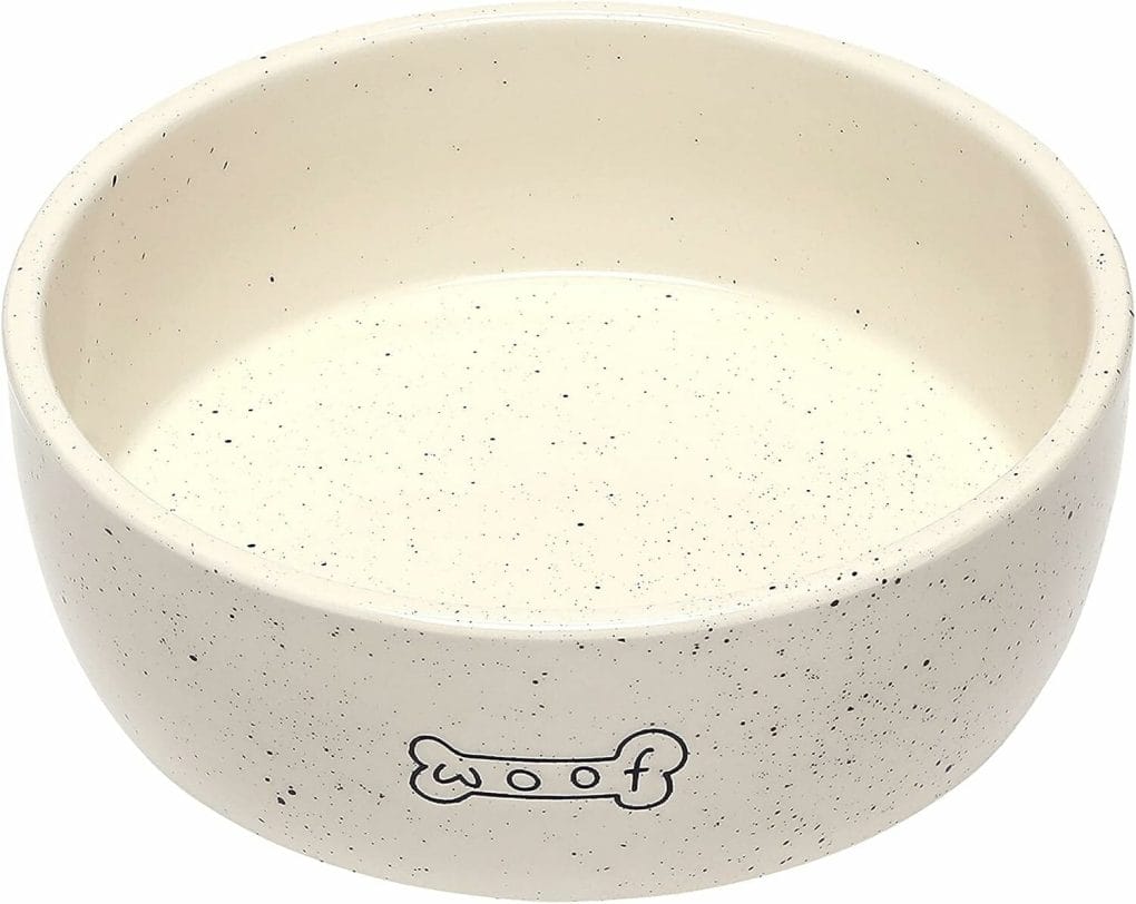 Pearhead Woof Pet Bowl, Dog Water and Food Dish, Pet Owner Dog Accessory, Ceramic, White, Microwave and Dishwasher Safe, Small/Medium
