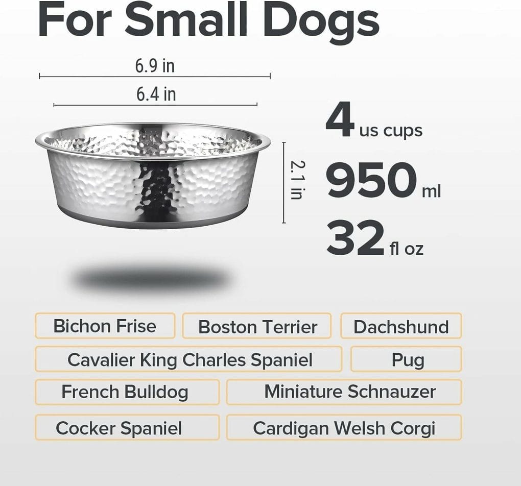 URBUDDIES 2 Pack Hammered Stainless Steel Dog Bowls, 4 Cup, Gray Bottom