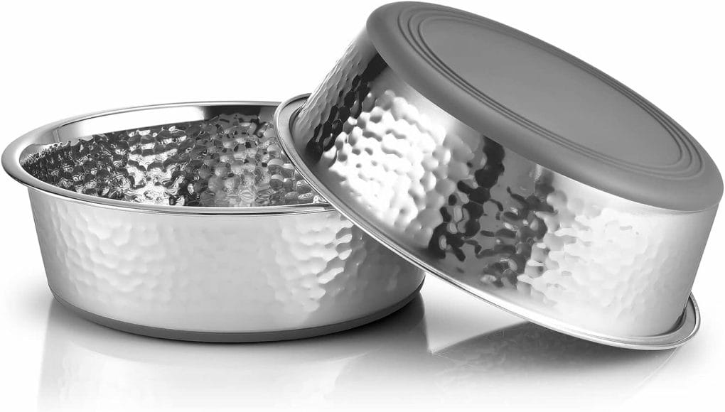URBUDDIES 2 Pack Hammered Stainless Steel Dog Bowls, 4 Cup, Gray Bottom