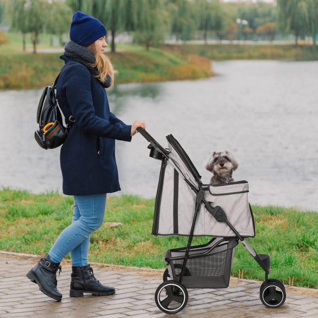 3 Wheel Pet Stroller with Storage Basket and Cup Holder for Small and Medium Cats, Dogs Travel Folding Carrier Stroller (Gray)