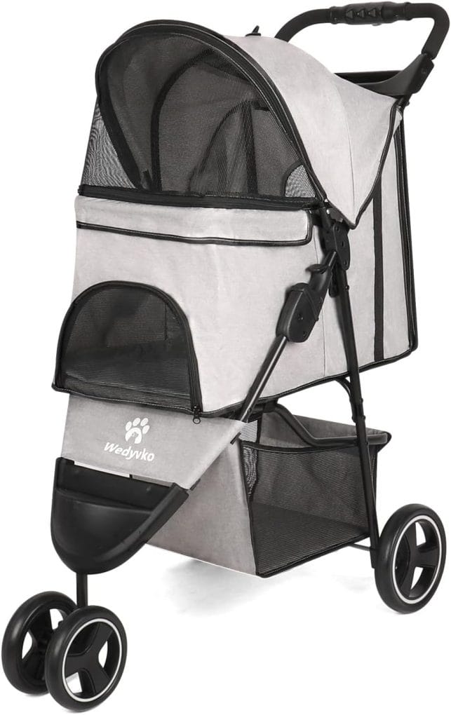 3 Wheel Pet Stroller with Storage Basket and Cup Holder for Small and Medium Cats, Dogs Travel Folding Carrier Stroller (Gray)