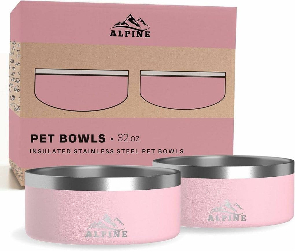 ALPINE Set of 2 Stainless Steel Dog Bowls, Non Slip, Metal Pet Bowl for Food and Water, Double Walled Insulated, Rustproof, Dishwasher Safe- 32 Ounces- Pink