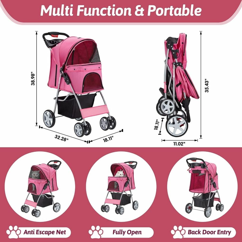 Azaeahom Pet Stroller 4 Wheels Dog Cat Stroller for Medium Small Dogs Cats, Folding Cat Jogger Stroller with Storage Basket  Breathable Mesh, Easy to Walk Travel Carrier, Pink