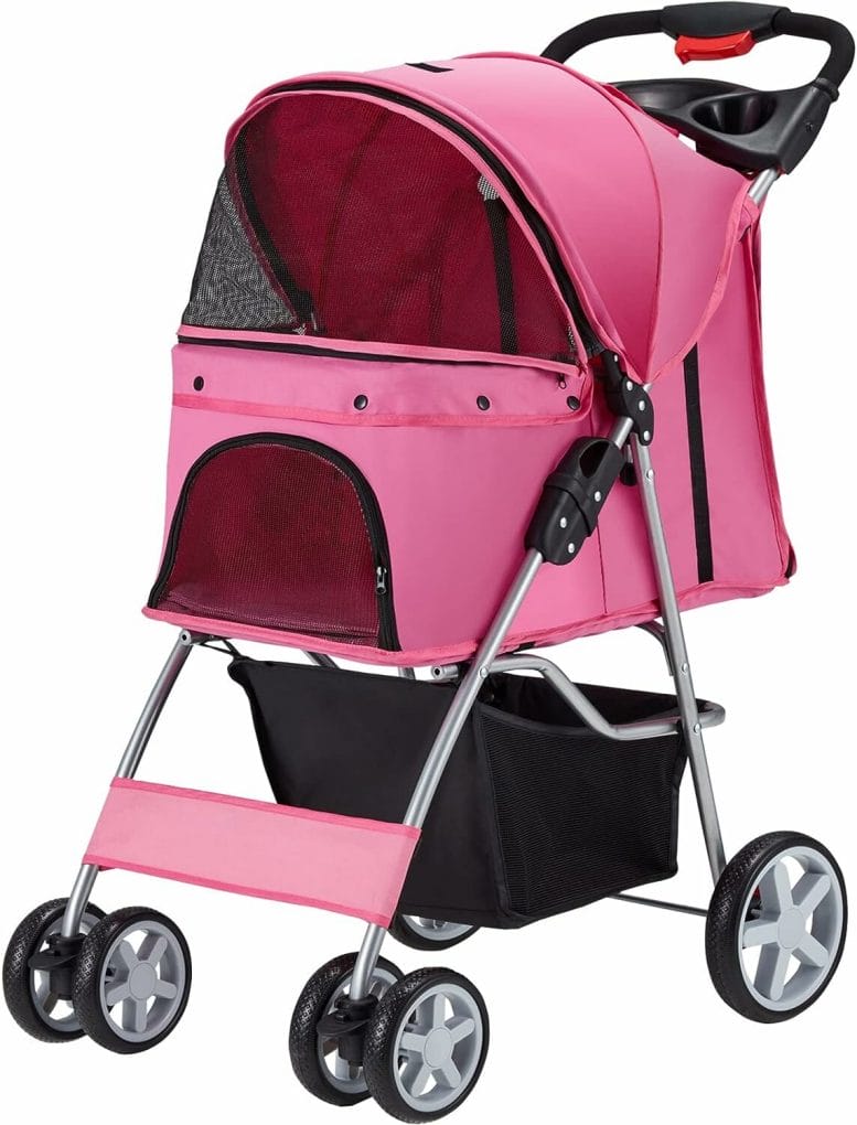 Azaeahom Pet Stroller 4 Wheels Dog Cat Stroller for Medium Small Dogs Cats, Folding Cat Jogger Stroller with Storage Basket  Breathable Mesh, Easy to Walk Travel Carrier, Pink