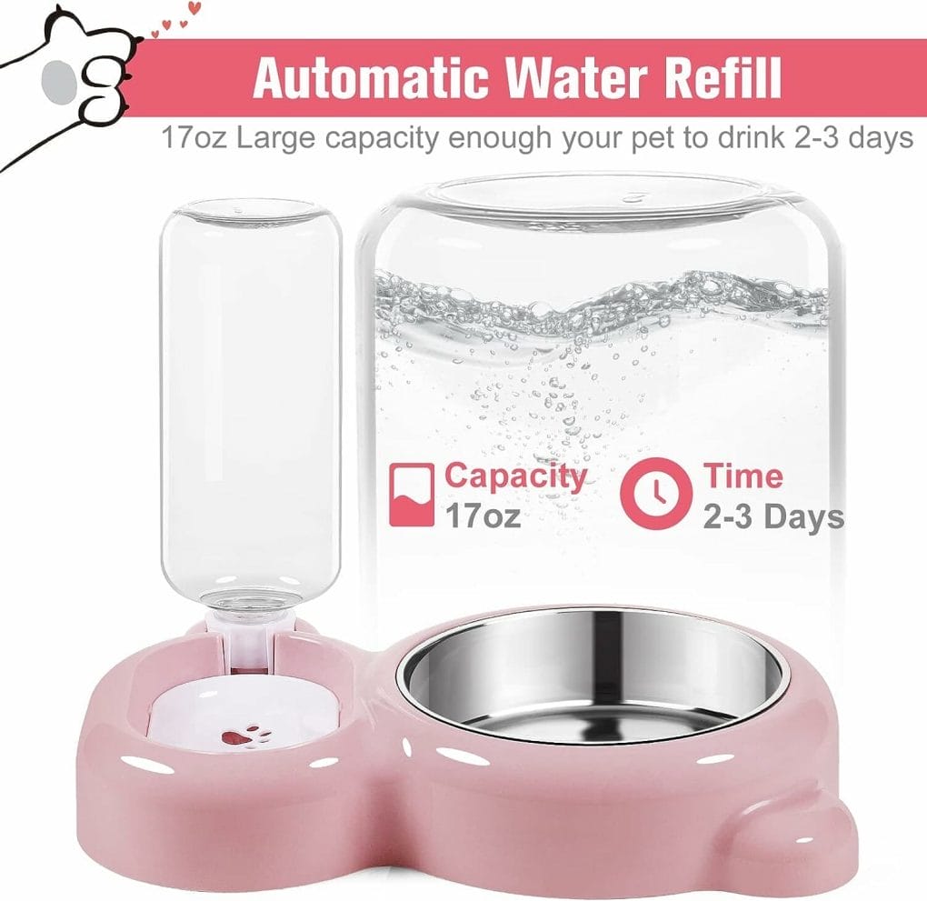 Azwraith Double Dog Cat Bowls, Pet Water and Food Bowl Set with Automatic Water Dispenser Bottle Detachable Stainless Steel Bowl for Small Dogs and Cats Kitten Puppy Rabbit Bunny - Pink