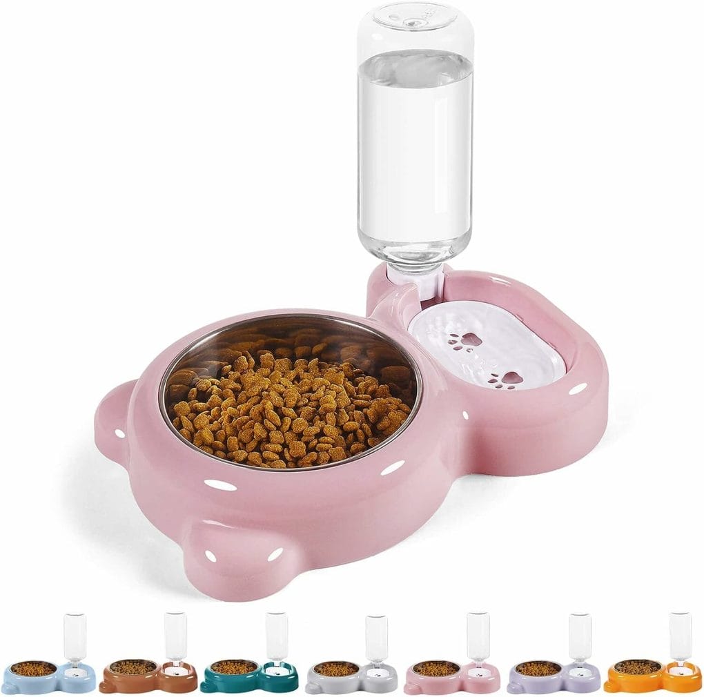 Azwraith Double Dog Cat Bowls, Pet Water and Food Bowl Set with Automatic Water Dispenser Bottle Detachable Stainless Steel Bowl for Small Dogs and Cats Kitten Puppy Rabbit Bunny - Pink