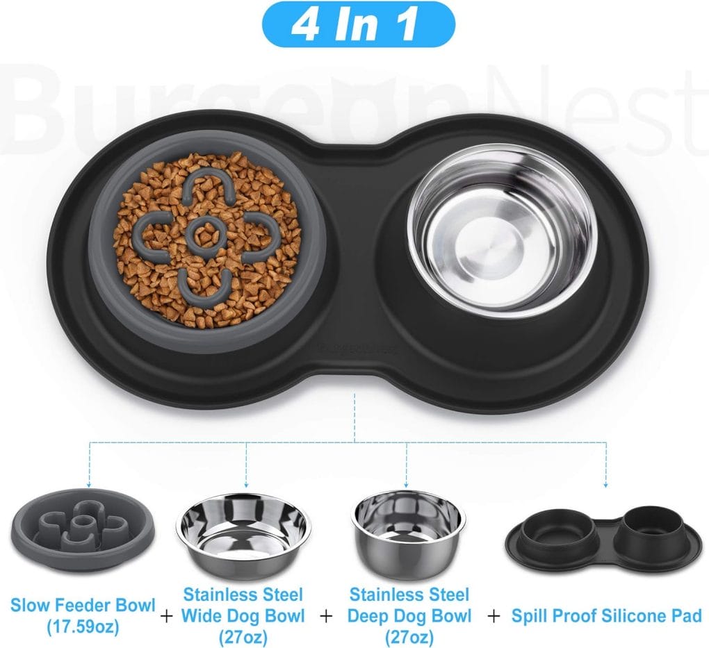 BurgeonNest Slow Feeder Dog Bowls,27oz 4-in-1 Food and Water Bowls with No-Spill and Non-Skid Silicone Mat, Stainless Steel Slow Down Eating Puzzle Bowl for Medium Small Sized Dogs