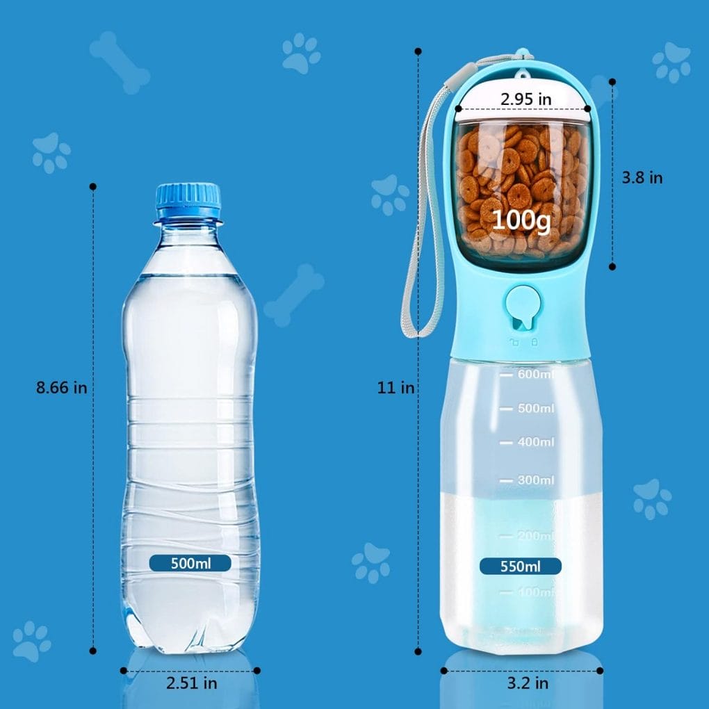 CAOANTRY Dog Water Bottle 3 in 1, Leak Proof Portable Pet Water Bottle with Food Container, Outdoor Portable Water Dispenser for Cat, Rabbit, Puppy for Walking, Hiking, Camping, Travel (20OZ, Blue)