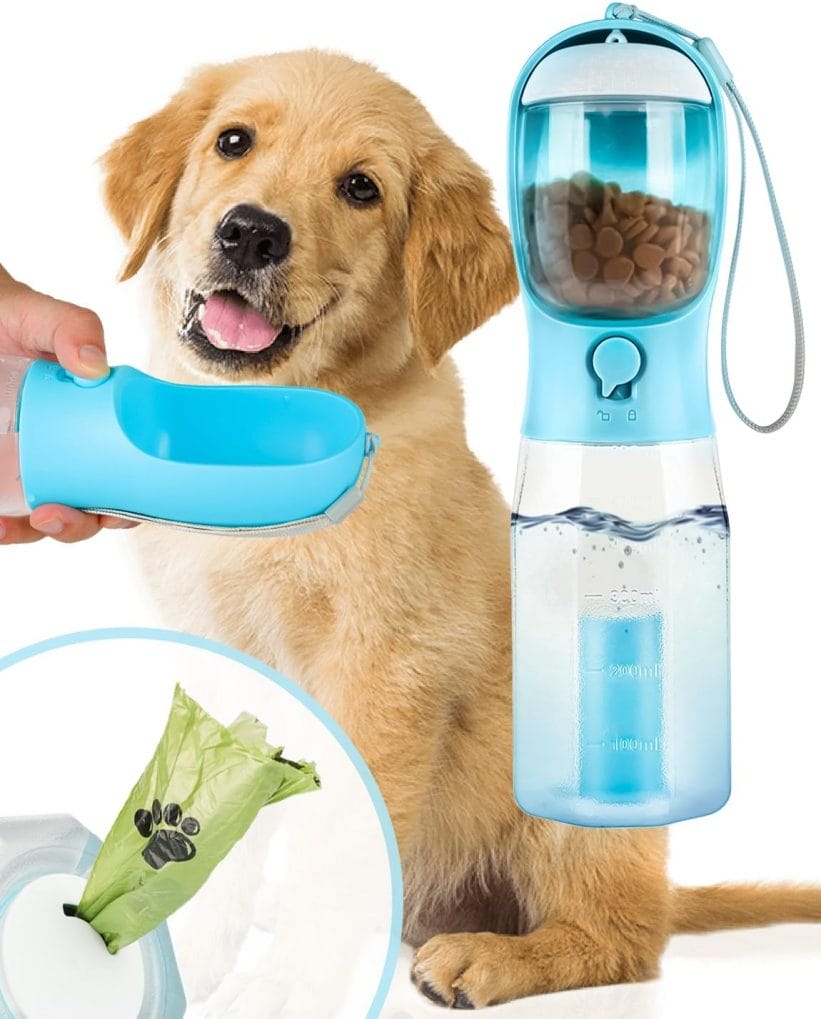 COESSTRA 3in1 Pet Water Bottle - Portable Dog Water Bottle with Poop Bag Dispenser - 20oz Leak Proof Pet Water Container with Feeder and Water Filter- Essential Pet Travel, Hiking, Outdoor Accessory