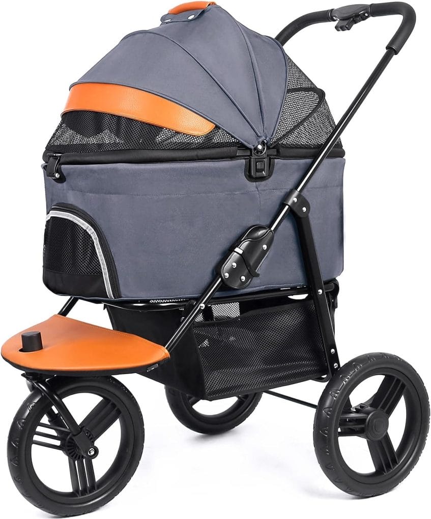Dog Stroller for Medium Small Dogs, 3in1 Pet Stroller Zipperless Dog Cat Jogger Stroller 3 Wheels with Detachable Dog Carriage, Storage Basket and One-Button Folding Frame for Pets Walk-Gray