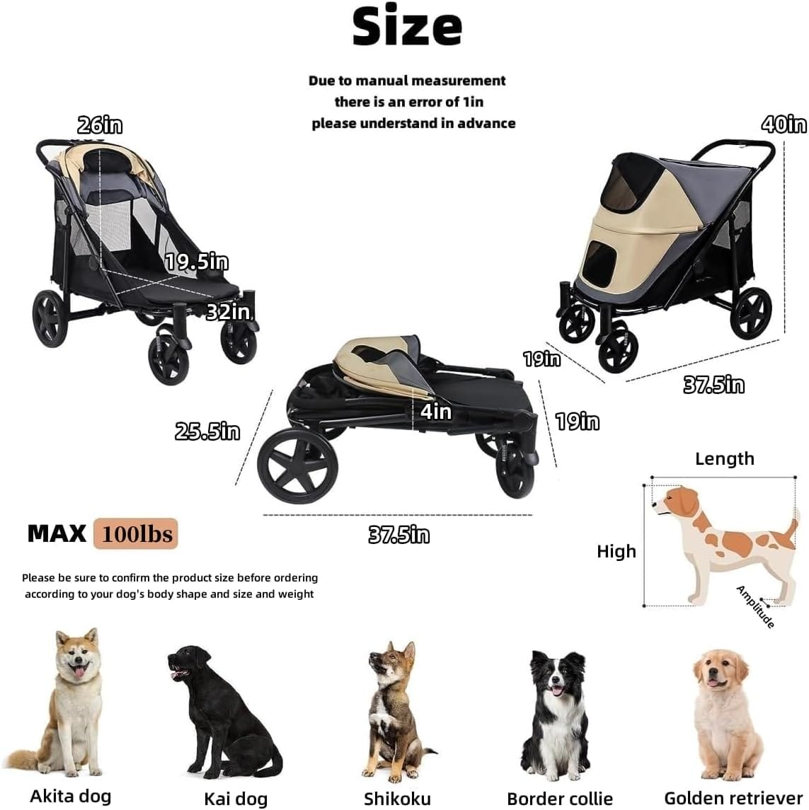 Dog Stroller for Medium/Large Dogs One-Key Folding Totoro ball 4 Wheel Pet Stroller Foldable Dog Stroller for 2 Dogs Jogger Stroller with Storage Pocket Suitable for Pets Up to 110LBS (BeigeGrey)