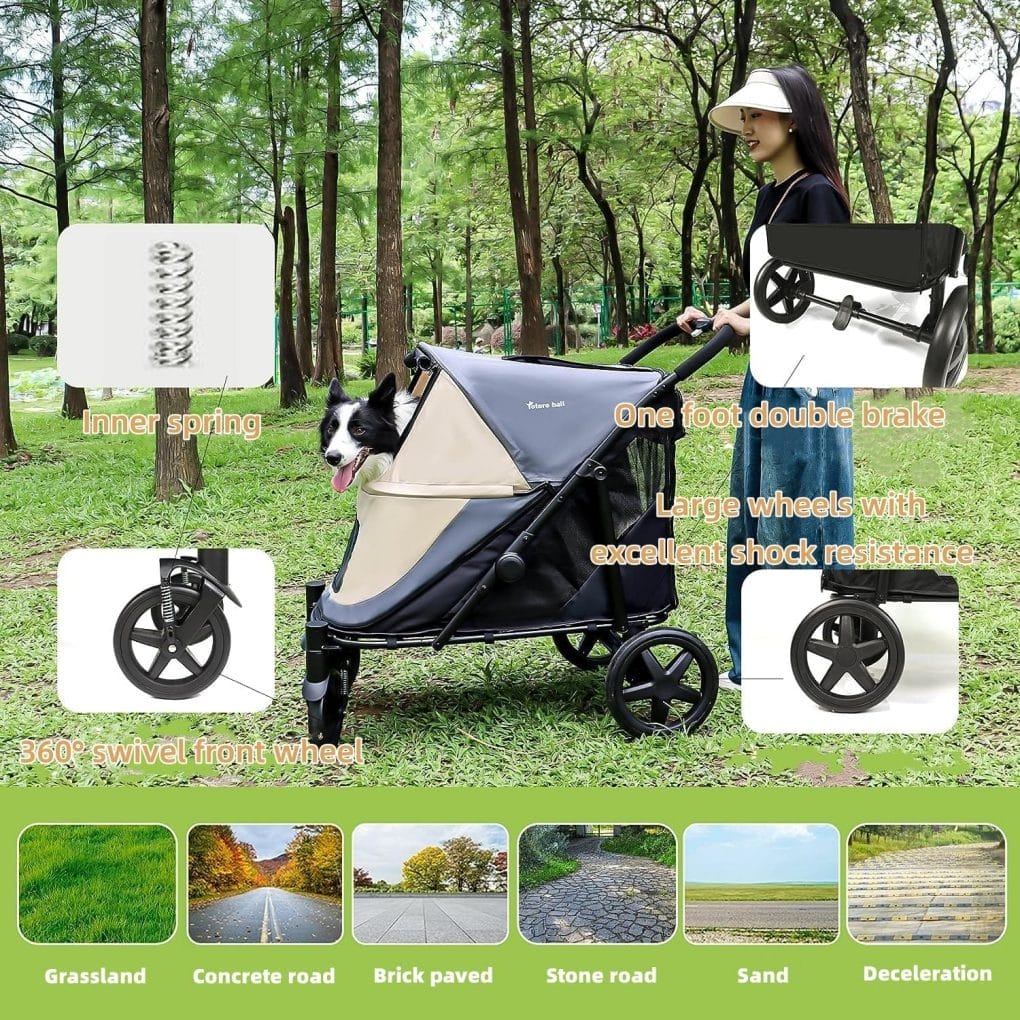 Dog Stroller for Medium/Large Dogs One-Key Folding Totoro ball 4 Wheel Pet Stroller Foldable Dog Stroller for 2 Dogs Jogger Stroller with Storage Pocket Suitable for Pets Up to 110LBS (BeigeGrey)