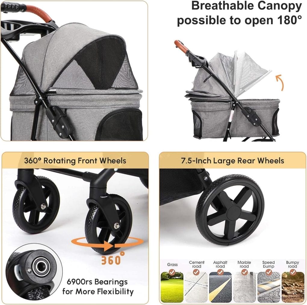 Dog Strollers for Small Dogs Cats, One-Hand Folding Cat Dog Stroller with Cup Holder/Storage Basket, Portable Pet Strollers for Pet Travel (Grey)