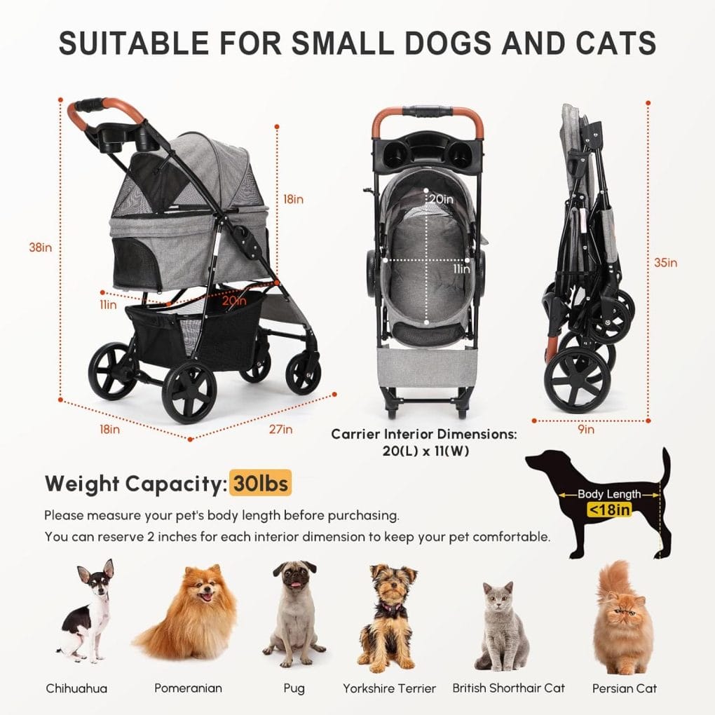 Dog Strollers for Small Dogs Cats, One-Hand Folding Cat Dog Stroller with Cup Holder/Storage Basket, Portable Pet Strollers for Pet Travel (Grey)