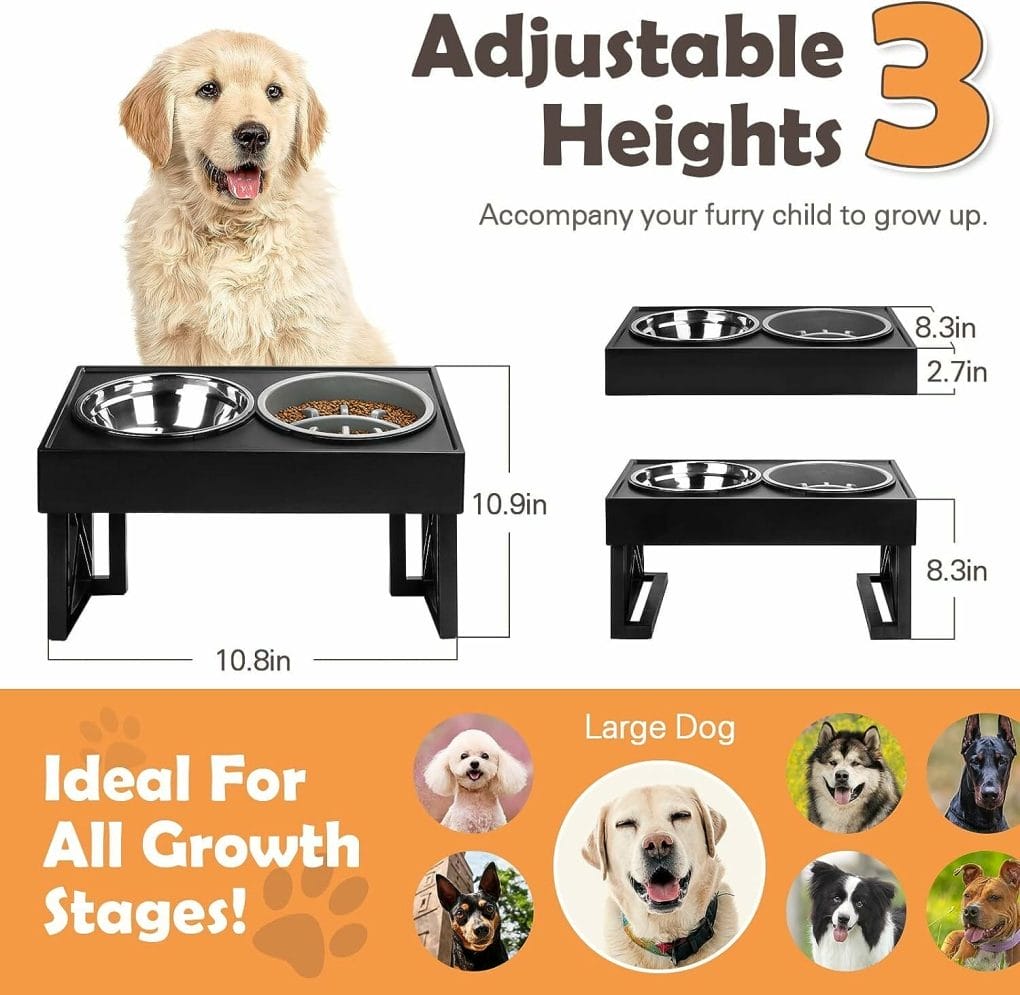 Elevated Dog Bowl, 3 Adjustable Raised Dog Bowl, with Slow Feeding Bowl and 1.5l Water Bowl Heights 2.7”, 8.26”, 10.82” with Suitable for Small Medium Large Dogs Cats