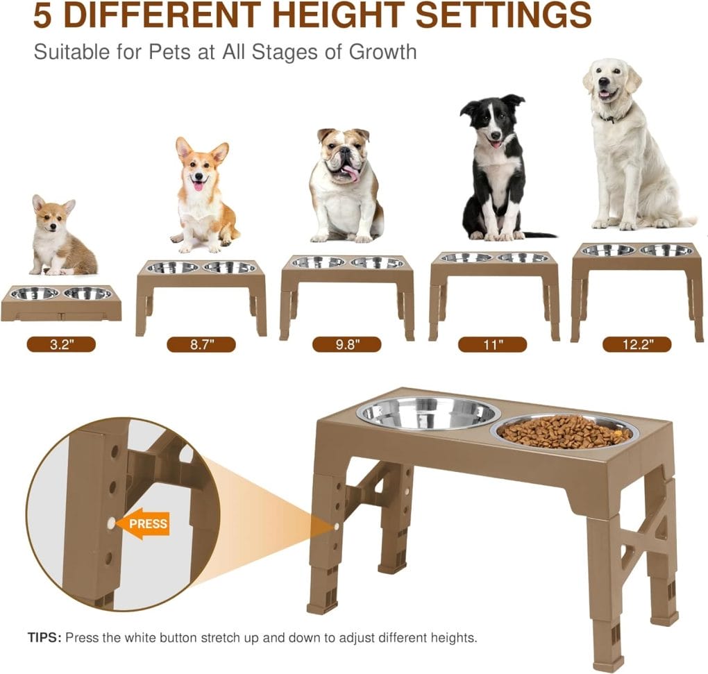 Elevated Dog Bowls, 5 Adjustable Heights Raised Dog Bowl Stand with Double Stainless Steel Dog Food Bowls, Adjusts to Heights 3.2, 8.7, 9.8, 11, 12.2 for Small Medium Large Pets Dogs and Cats