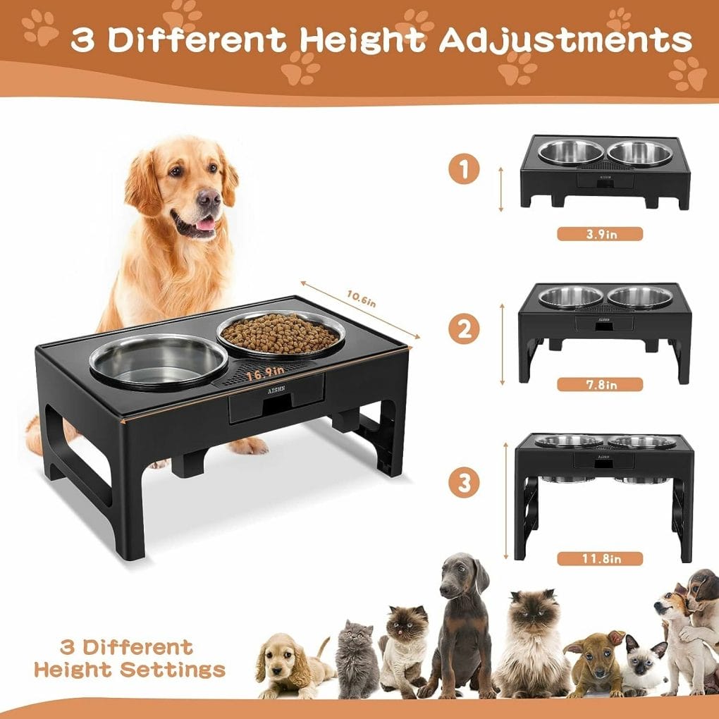 Elevated Dog Bowls Adjustable Raised Dog Bowl Stand with Double Stainless Steel Dog Food Bowls Adjusts to 3 Heights 3.9”, 7.8”, 11.8”, for Small Medium Large Dogs and Pets (Black)