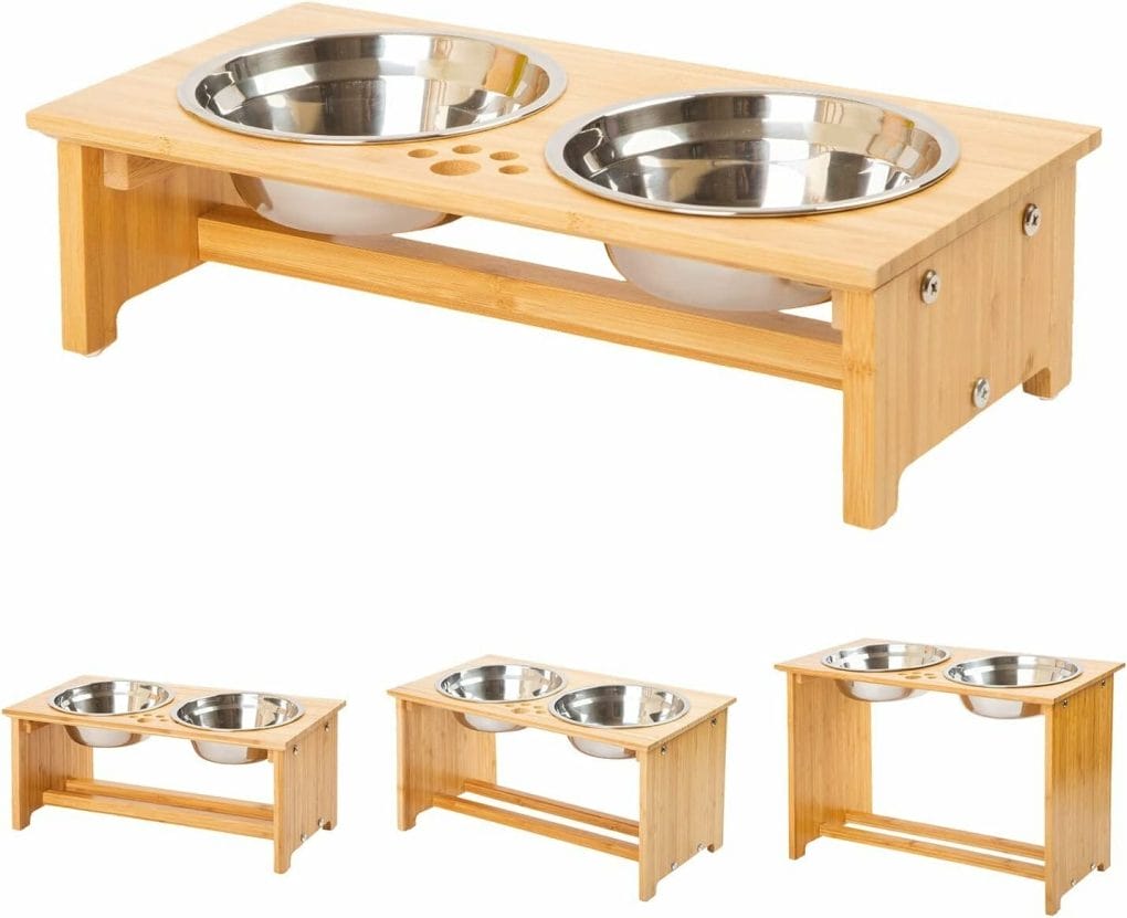 FOREYY Raised Pet Bowls for Cats and Small Dogs, Bamboo Elevated Dog Cat Food and Water Bowls Stand Feeder with 2 Stainless Steel Bowls and Anti Slip Feet (4 Tall-20 oz Bowl)