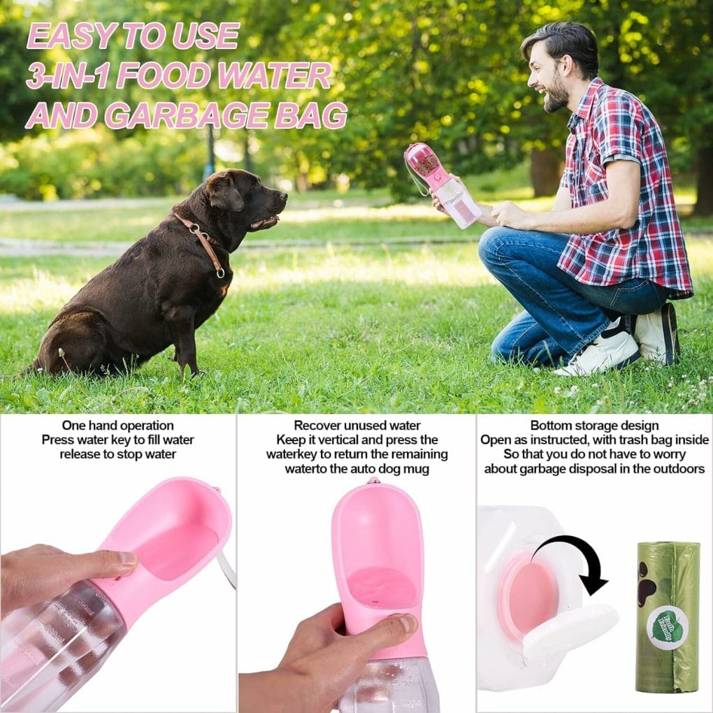 Gkqlczyy 3-in-1 Portable Multifunctional Dog Water Bottle Dispenser for WalkingHiking and Crate with Food Container, Replaceable Waste Bags, Leak Proof,Dishwasher Safe,BPA-Free (20oz-Pink)