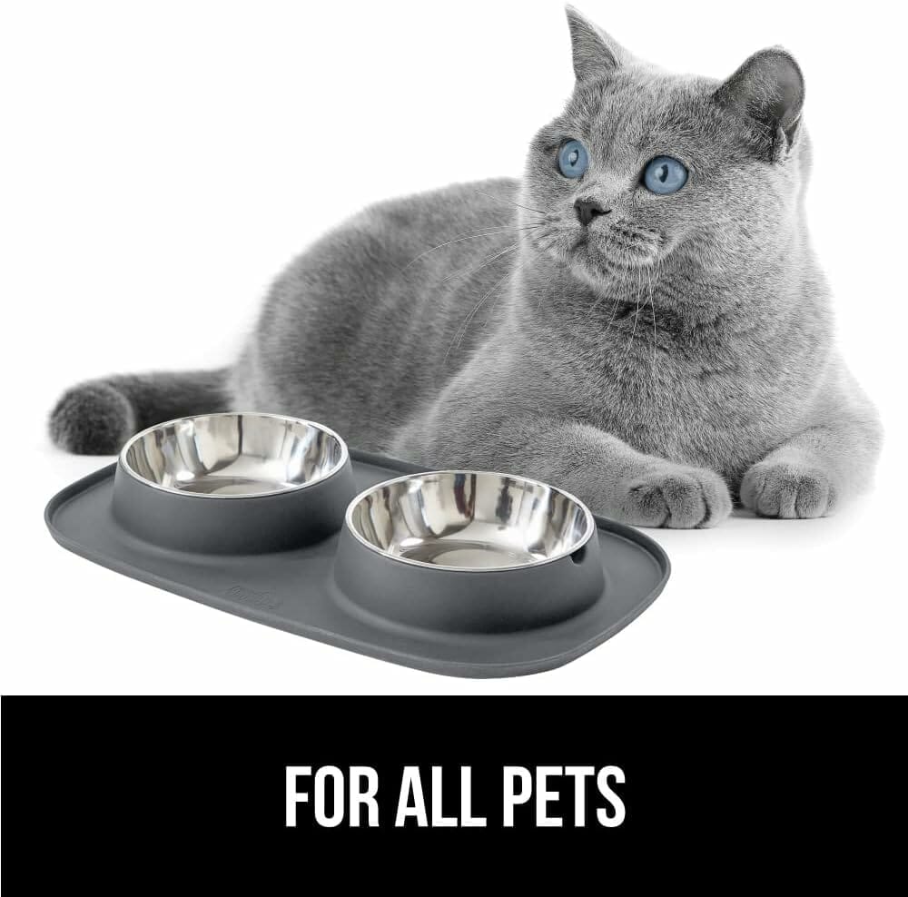 Gorilla Grip 100% Waterproof Cat and Dog Bowls and Silicone Feeding Mat Set, Stainless Steel Bowl, Slip Resistant, Raised Edges, Catch Water and Food Mess, No Spills, Pet Accessories, 1 Cup, Gray