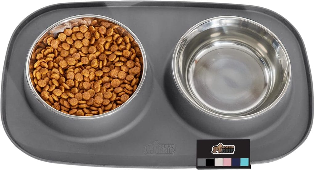 Gorilla Grip 100% Waterproof Cat and Dog Bowls and Silicone Feeding Mat Set, Stainless Steel Bowl, Slip Resistant, Raised Edges, Catch Water and Food Mess, No Spills, Pet Accessories, 1 Cup, Gray