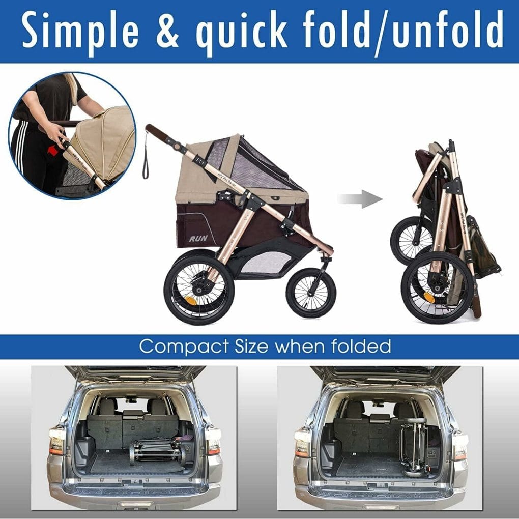 HPZ Pet Rover Run Performance Jogging Sports Stroller with Comfort Rubber Wheels/Zipper-Less Entry/1-Hand Quick Fold/Aluminum Frame for Small/Medium Dogs, Cats and Pets (Taupe)