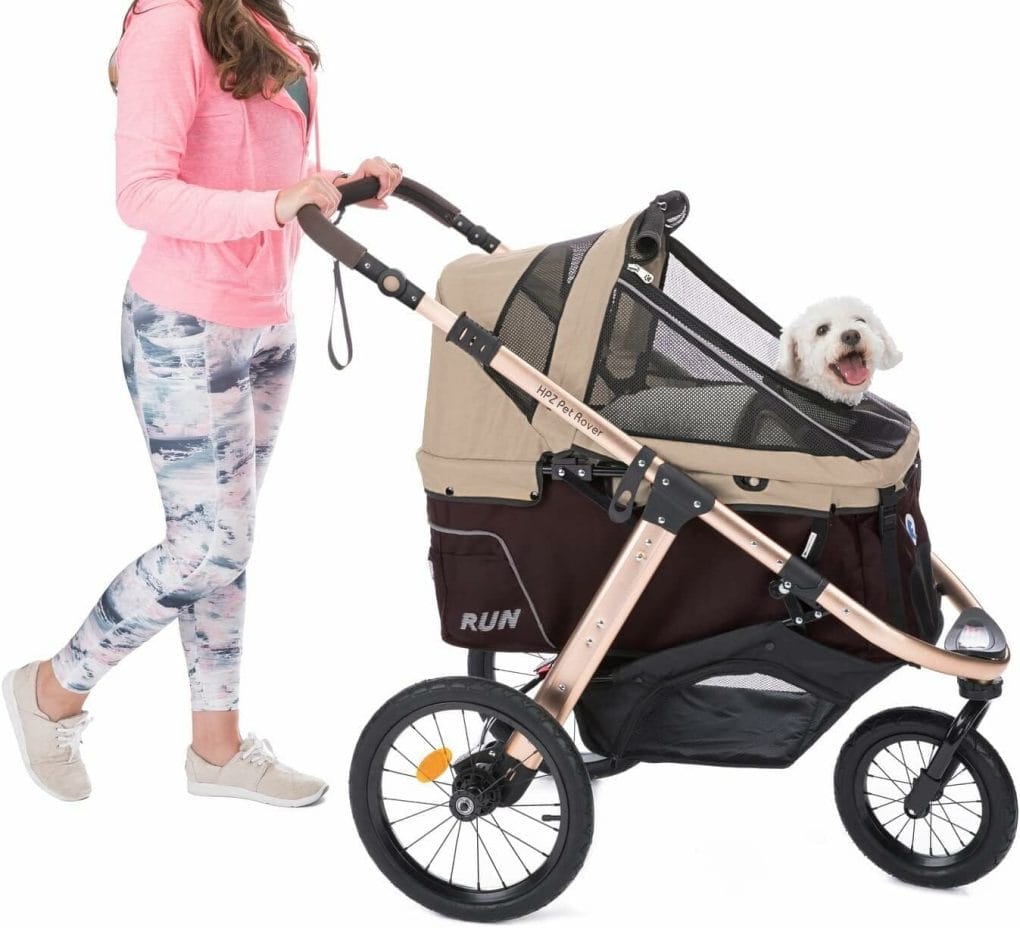 HPZ Pet Rover Run Performance Jogging Sports Stroller with Comfort Rubber Wheels/Zipper-Less Entry/1-Hand Quick Fold/Aluminum Frame for Small/Medium Dogs, Cats and Pets (Taupe)