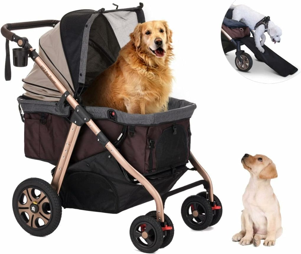 HPZ Pet Rover Titan-HD Premium Super-Sized Dog/Cat/Pet Stroller SUV Travel Carriage/w Access Ramp/100Lbs Capacity/Pumpless Rubber Wheels/Aluminum Frame for Small, Med, Large, XL Pets (Taupe)