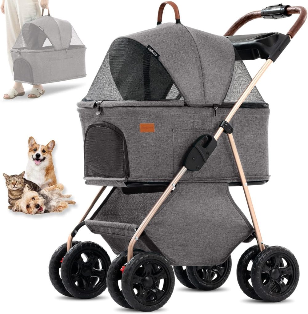 Ingborsa Pet Stroller, 3 in 1 Multifunction Pet Travel System,4 Wheel Foldable Pet Stroller with Storage Basket for Small Medium Dogs  Cats（Dark Grey）