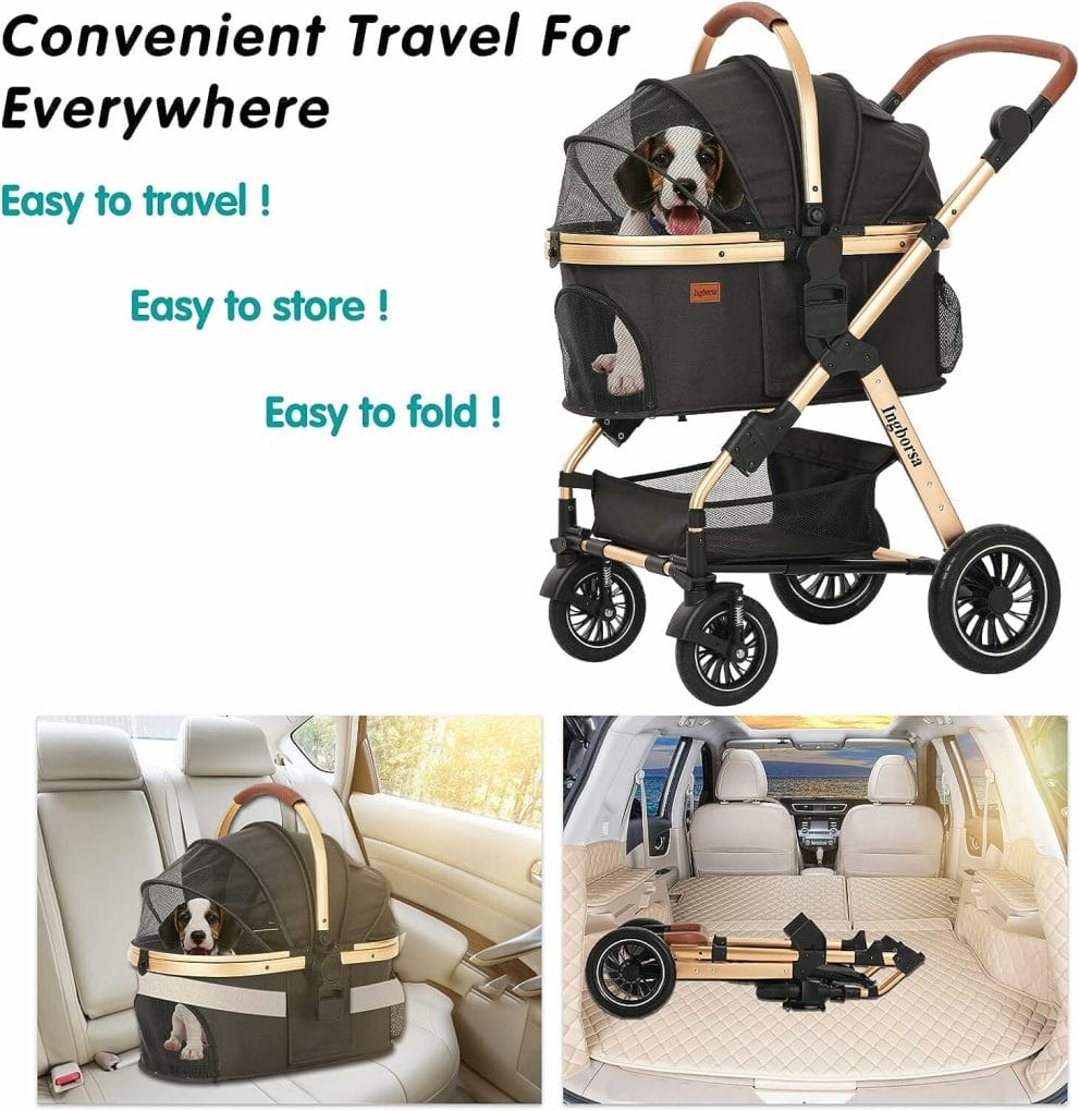 Ingborsa Pet Stroller, Dog Stroller for Medium Small Dog with Storage Basket Foldable Lightweight Dog Carrier Trolley.Basket can be Used Alone. Pump-Free Rubber Tire/Reversible Aluminum Frame