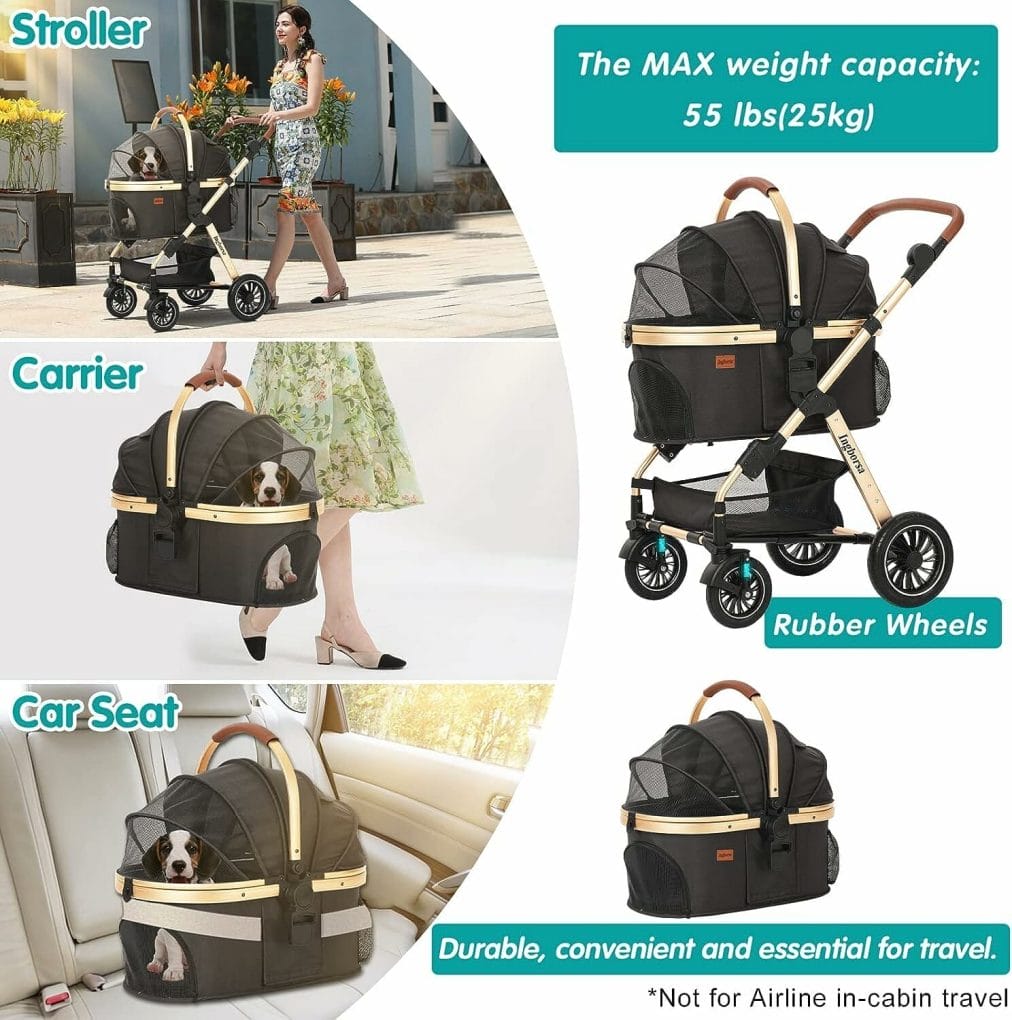 Ingborsa Pet Stroller, Dog Stroller for Medium Small Dog with Storage Basket Foldable Lightweight Dog Carrier Trolley.Basket can be Used Alone. Pump-Free Rubber Tire/Reversible Aluminum Frame