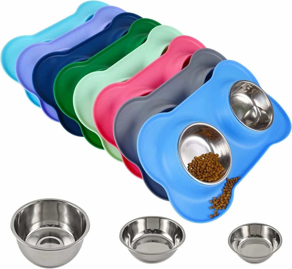Juqiboom Dog Bowls 2 Stainless Steel Bowl for Pet Water and Food Feeder with Non Spill Skid Resistant Silicone Mat for Pets Puppy Small Medium Cats Dogs