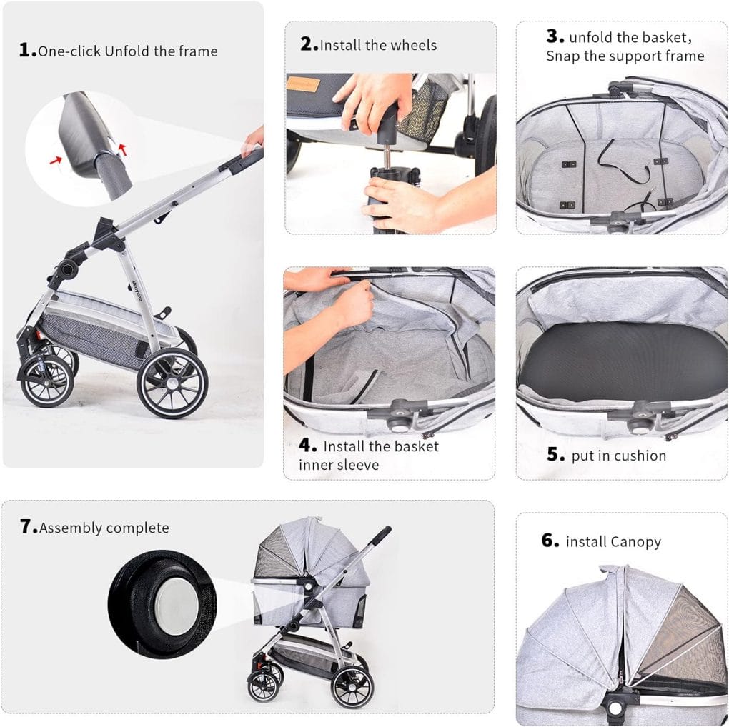 Kenyone Pet Stroller, 3 in 1 Multifunction Pet Travel System 4 Wheels Foldable Aluminum Alloy Frame Carriage for Small Medium Dogs  Cats (Gray)