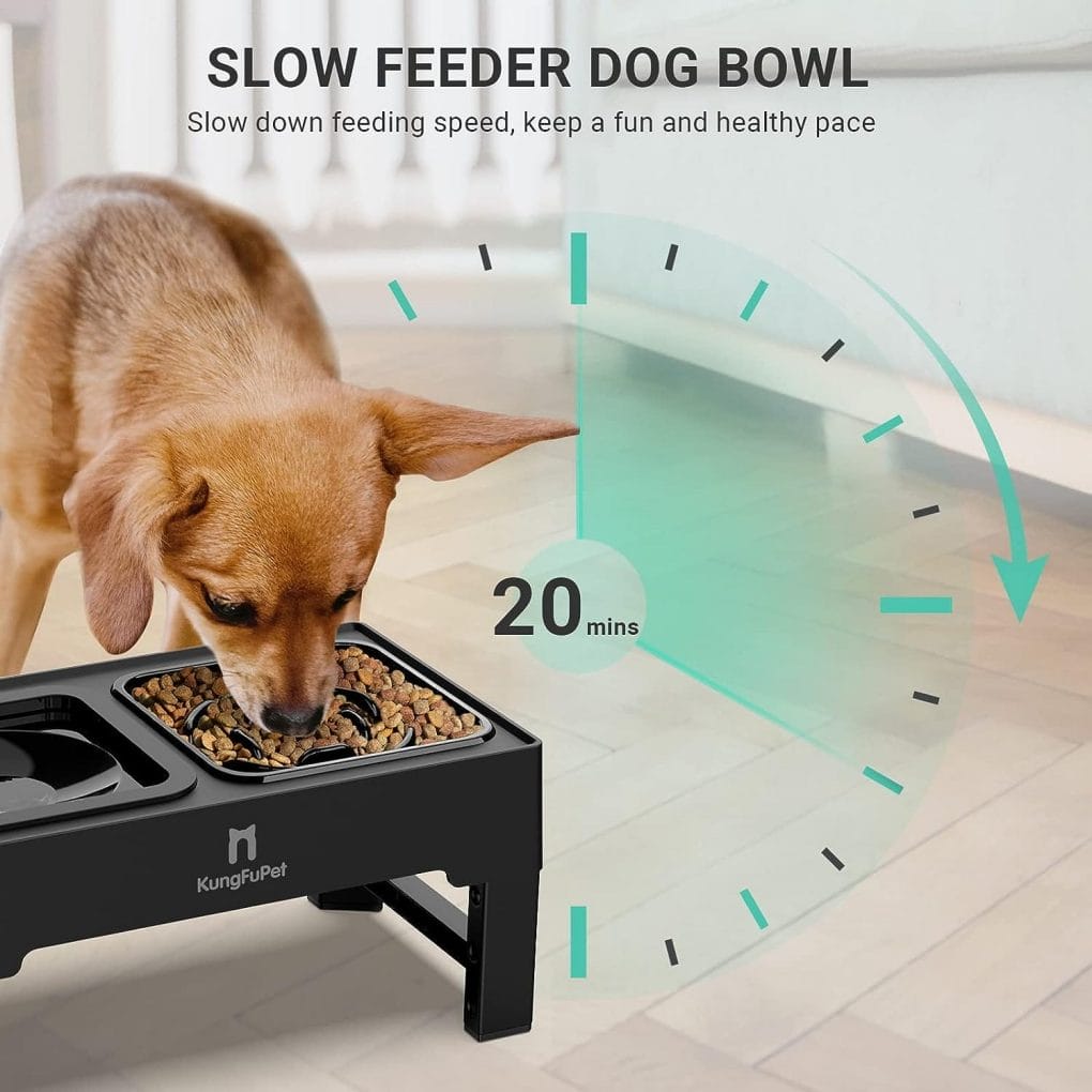 KungFuPet Elevated Dog Bowls, 2-in-1 Raised Slow Feeder Dog Bowls Stand with Anti Spill Non-Skid No Shaking Water Bowl 4 Height for Large Medium Dogs[Upgrade Version]